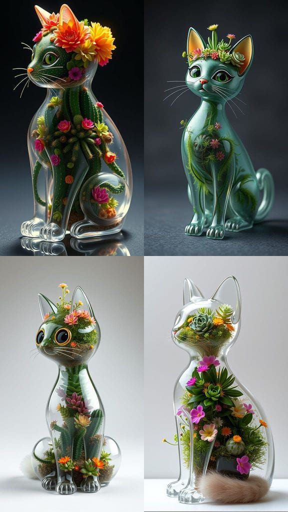 Whimsical 3D Chia Pet Cat in a Floral Wonderland
