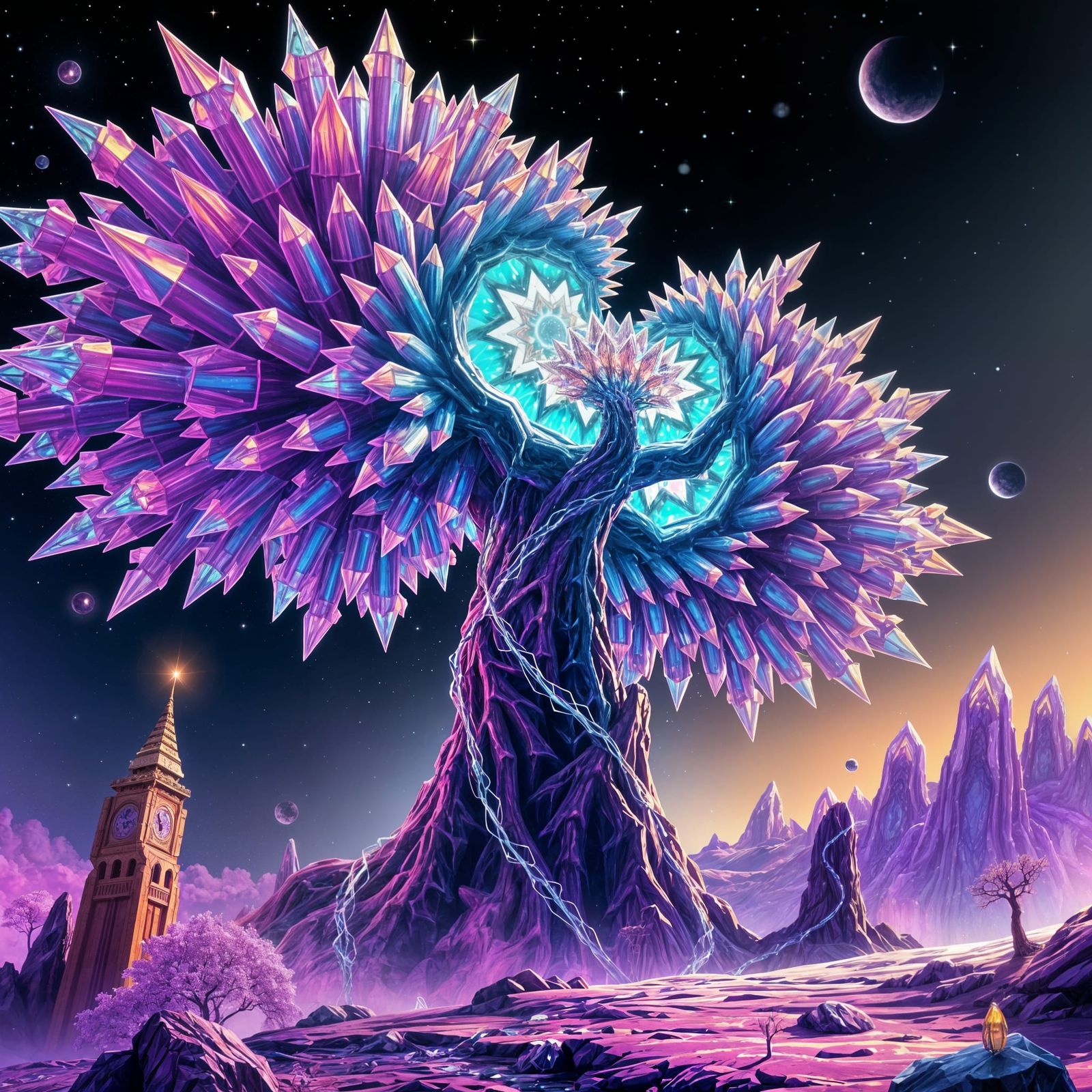 Mystical Crystal Tree in a Radiant Alien Landscape