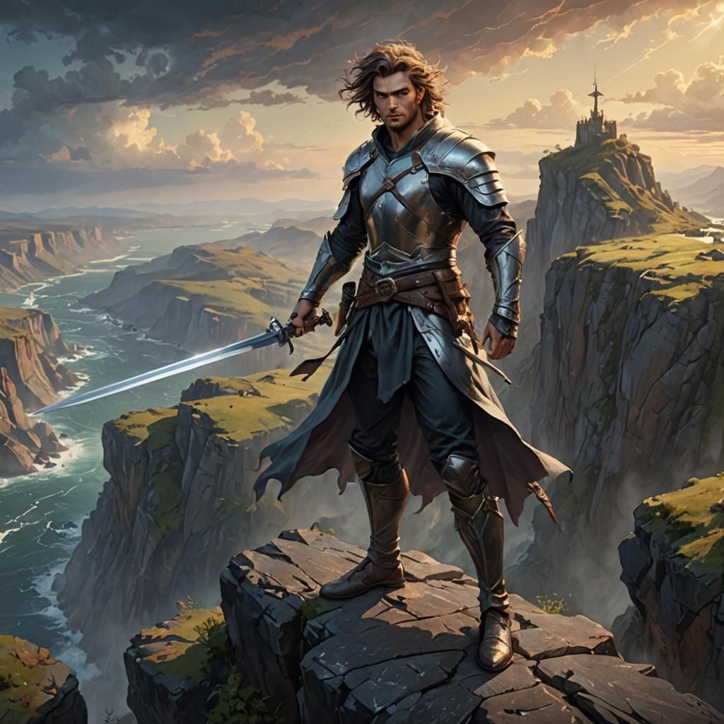 Fantasy Warrior on Cliff in Digital Painting Style
