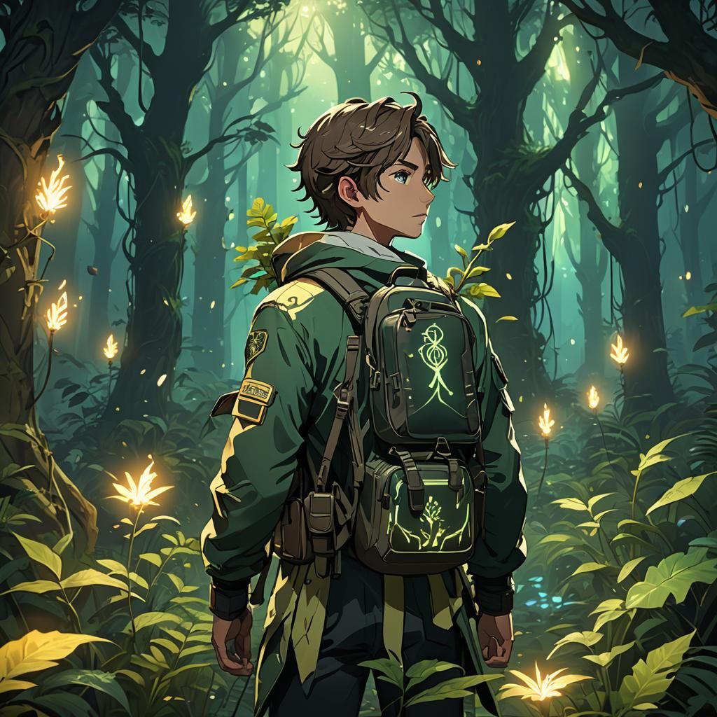 Heroic Anime Character in Mystical Forest