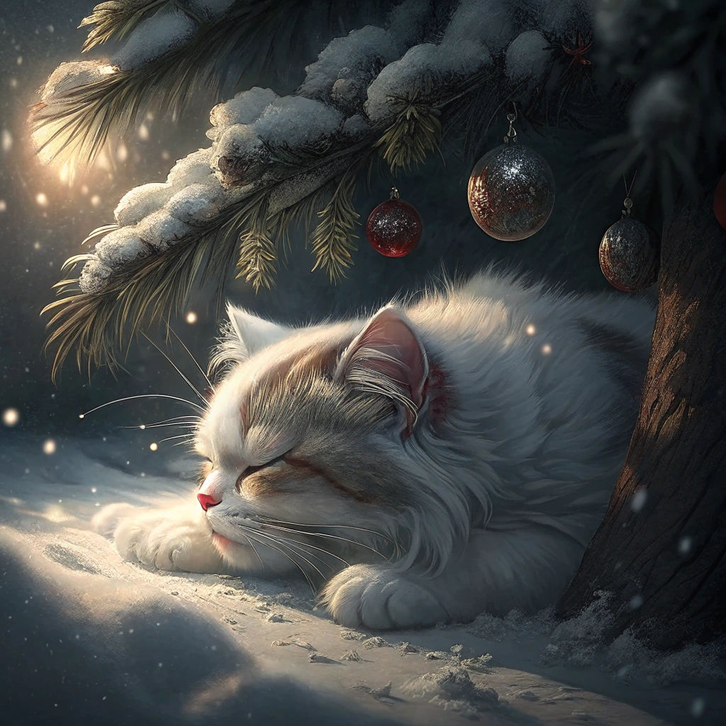 White Tabby Persian Cat Sleeps Under Christmas Tree