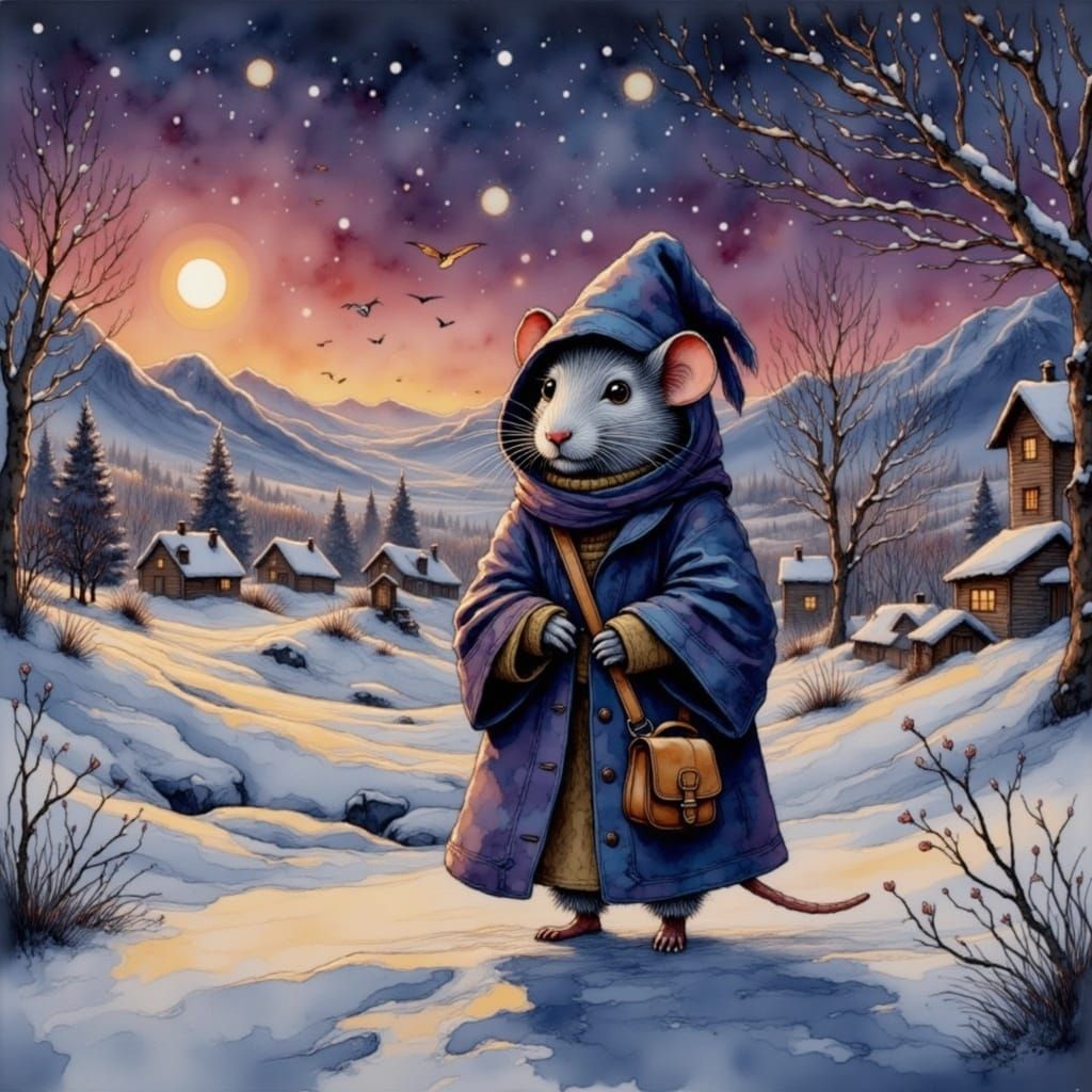 Small Grey Mouse Braving the Snowy Night