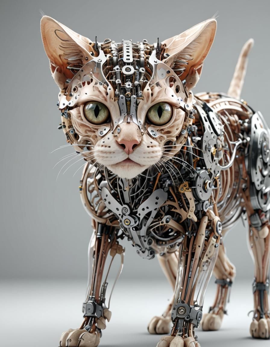 Mechanical Cat Anatomy with Transparent Skin in 8K