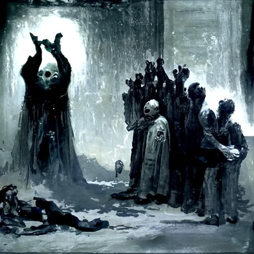 Horrific Cult Worship in Engraving Style