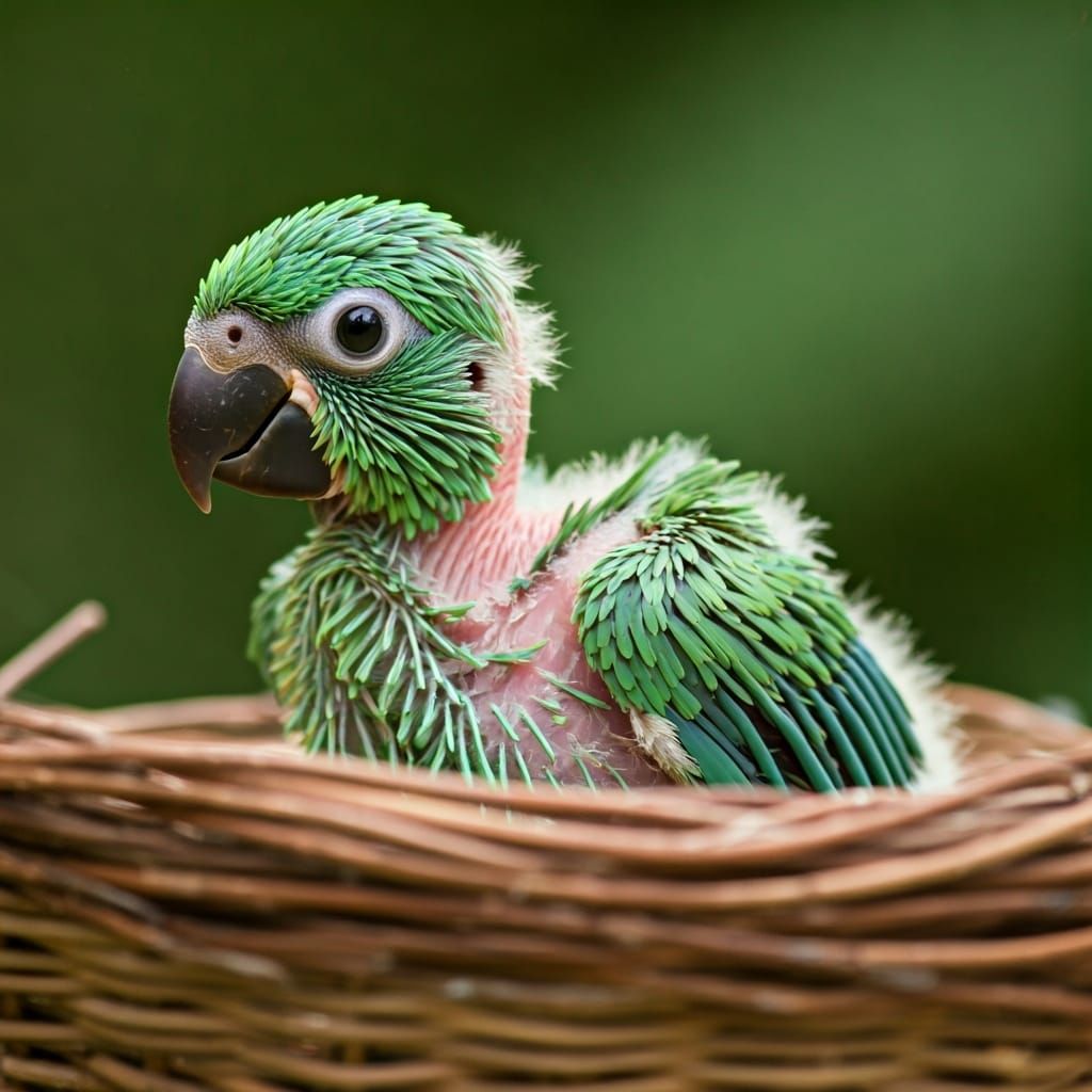 Vulnerable Featherless Parrot Chick in Nest
