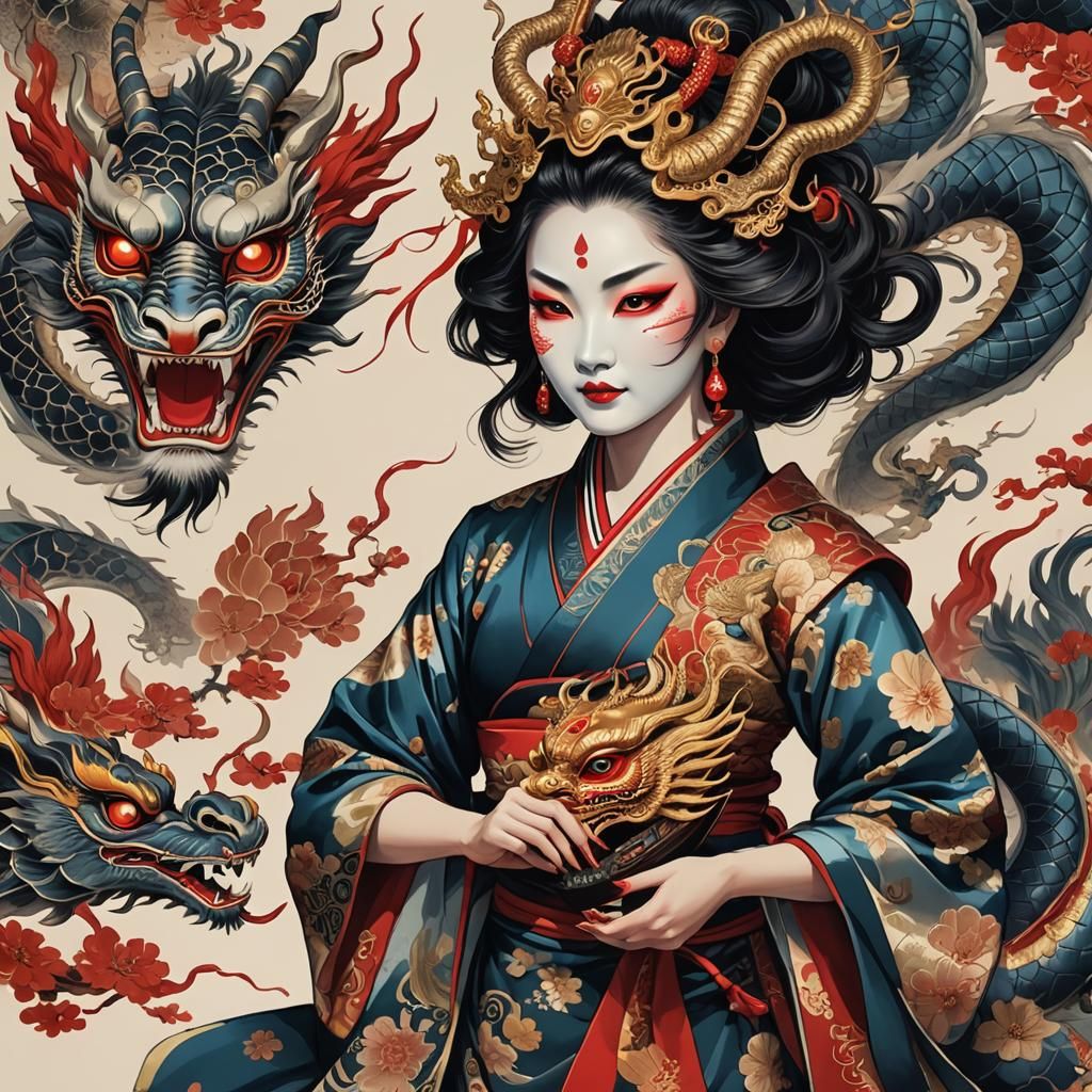 Elegant Woman with Dragon Mask in Oil Painting Style