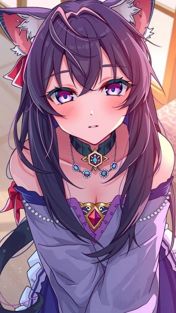 Elegant Anime Girl with Purple Hair and Cat Ears