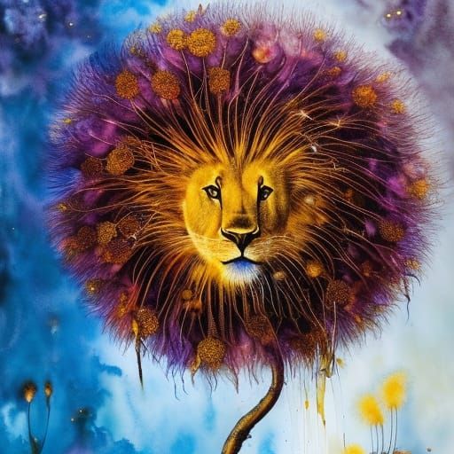 Dandelion Lion: Liquid Ink Splatter in Jean Style
