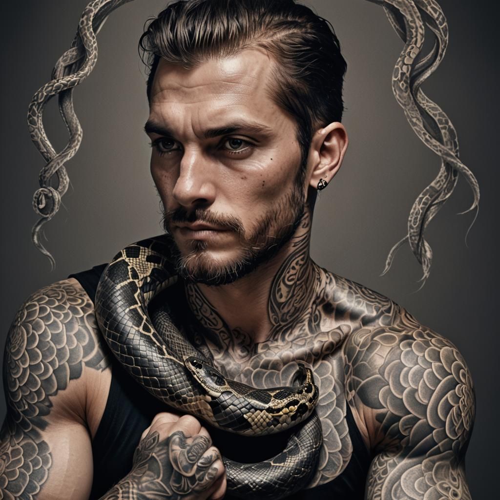 Hyper-Realistic Man with Snake Tattoo Digital Art