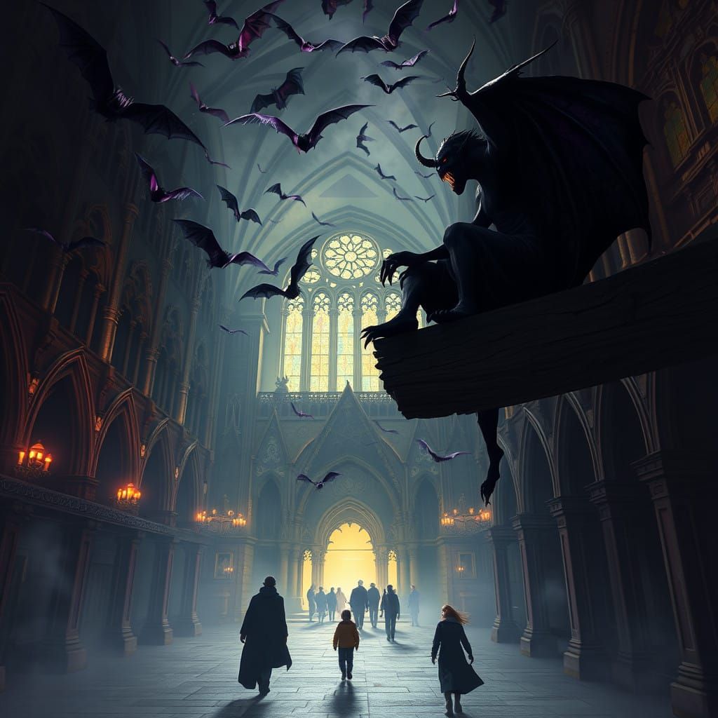 Dark Fantasy Vampire Sits Amidst Bats in a Grand, Dimly Lit....