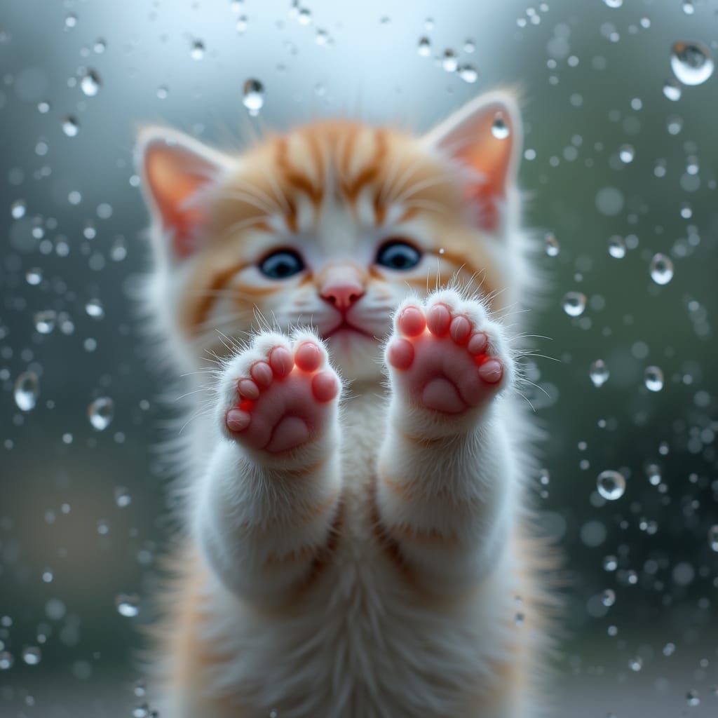 Adorable Kitten Presses Paws Against Rainy Window