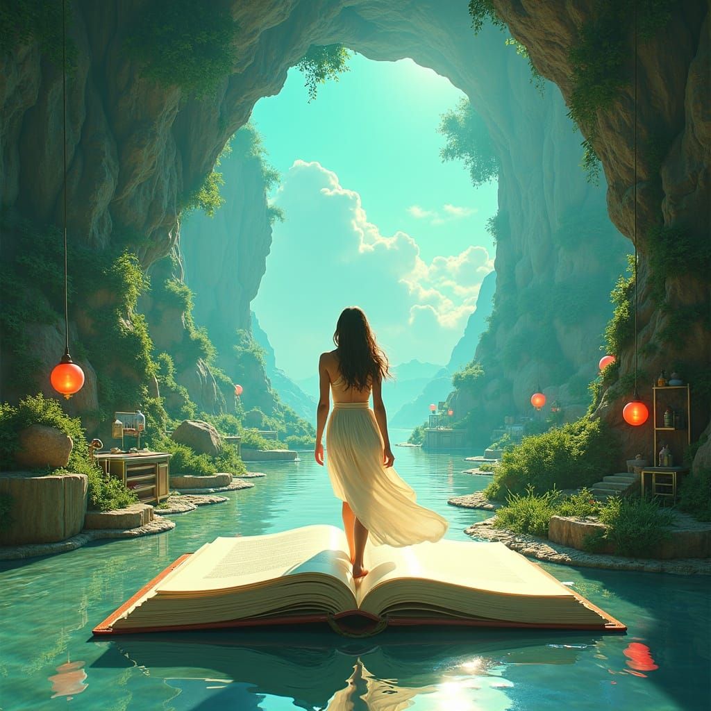 Woman Steps into Infinity Book, Futuristic Art