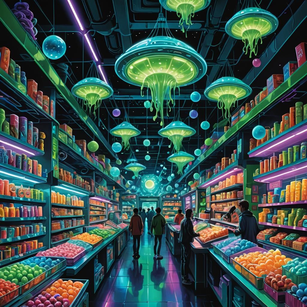 Bustling Alien Store with Floating Aisles in Sci-Fi Art