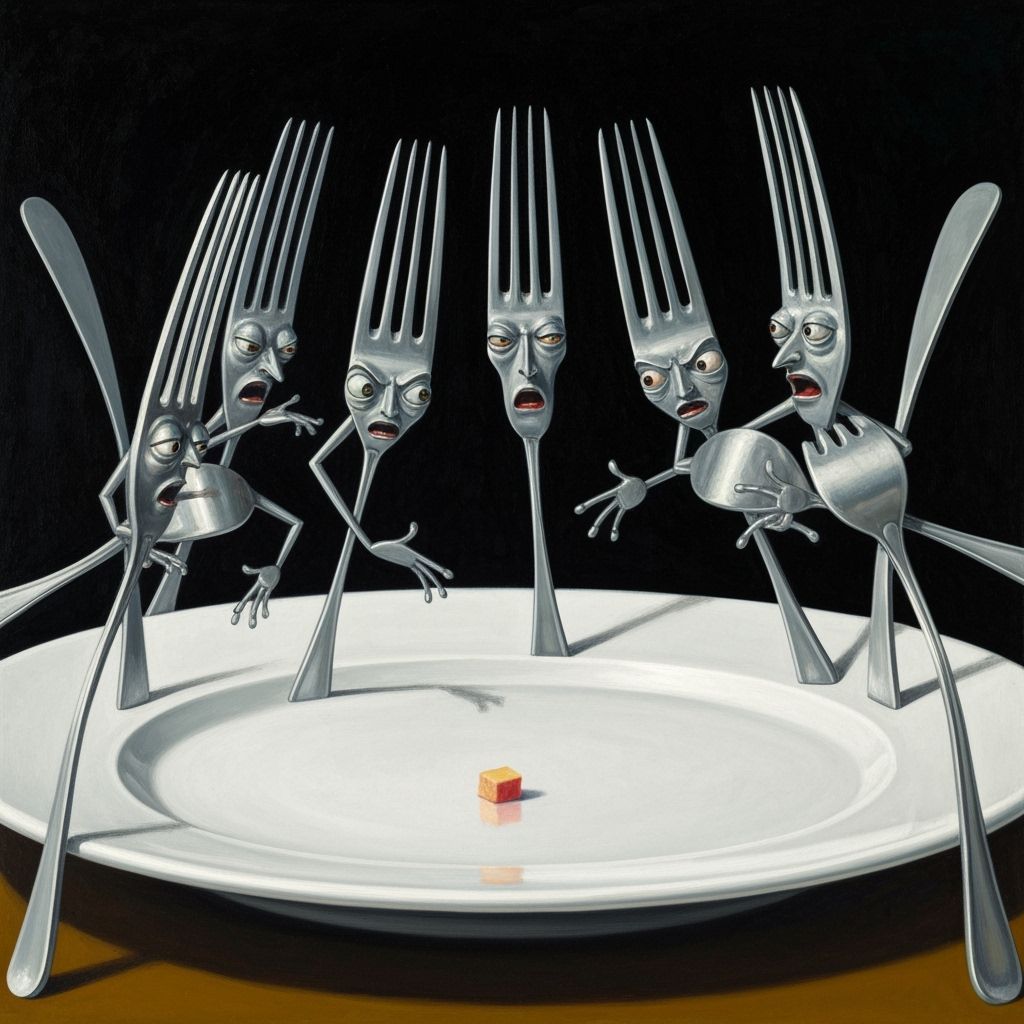 Surreal Oil Painting of Forks Arguing Over Food