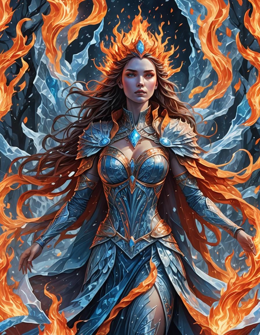 Regal Goddess Embodying Fire and Ice in Vibrant, Hyper-Reali...