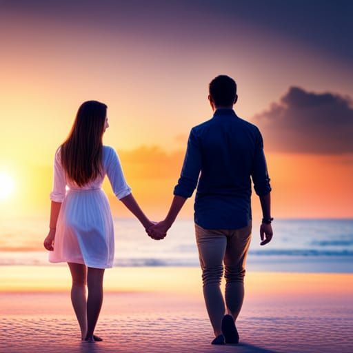 Beach Couple Holding Hands in Hyperrealism