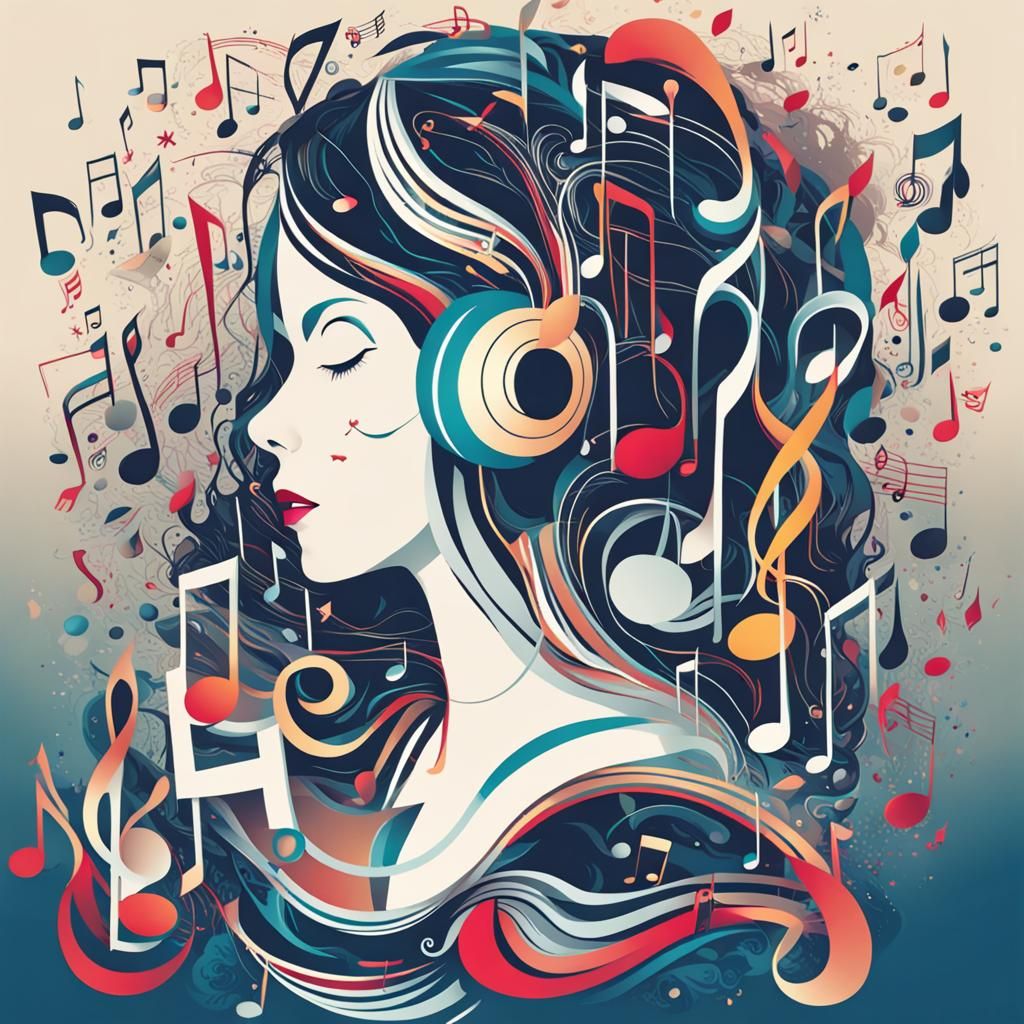 Detailed Vector Art of Alice with Music Double Exposure