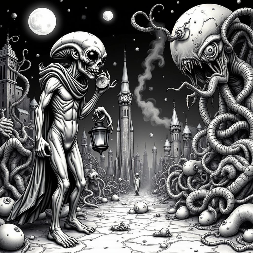 Twisted Cityscape in Stark Black-and-White Hyperrealism