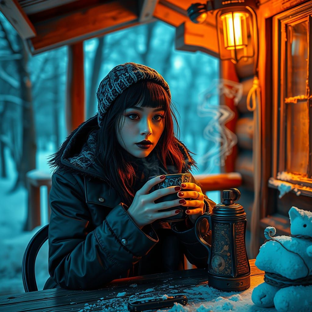 Asian Goth Woman Sipping Coffee, Hyperdetailed Art