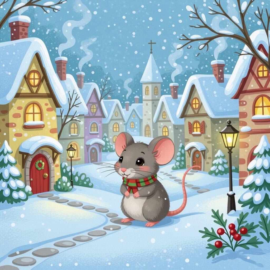 Shy Mouse in Snowy Whimsical Village