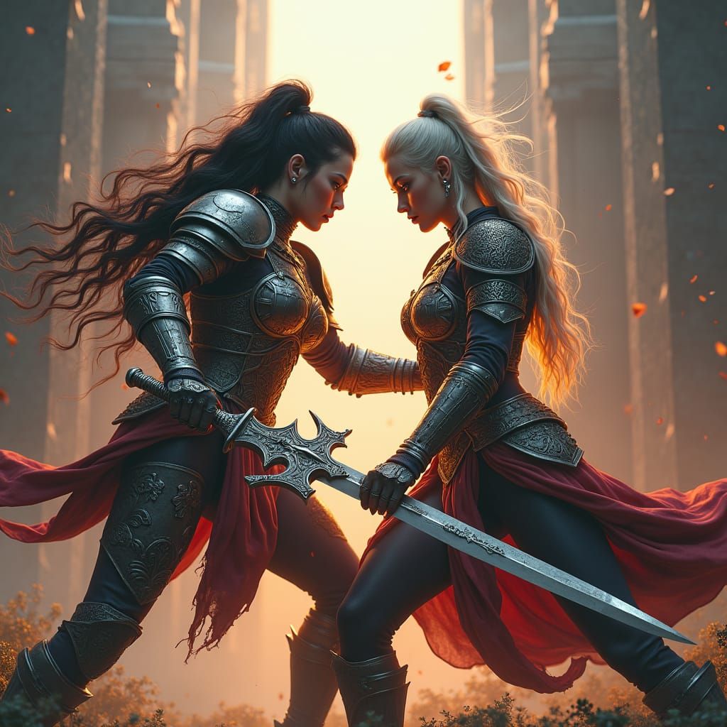 Armored Women Duel with Swords in Fantasy Landscape