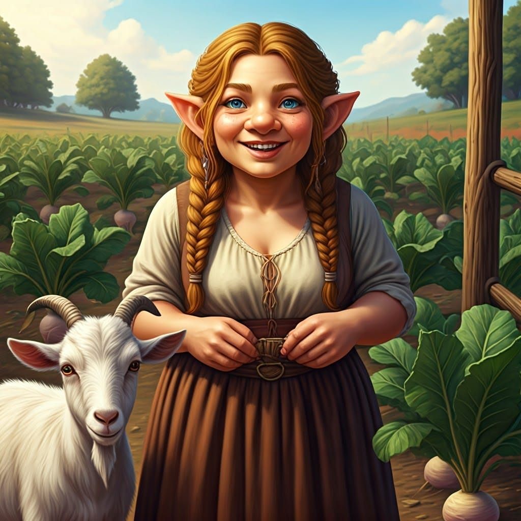 Gnome Maiden Tends Turnip Farm with Faithful Goat