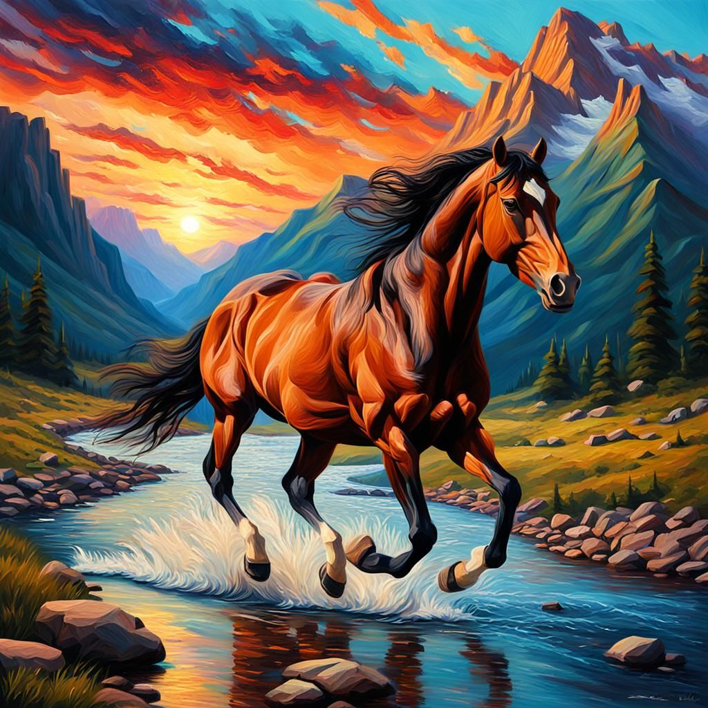 Horse Running in Mountains: Impasto Oil Painting