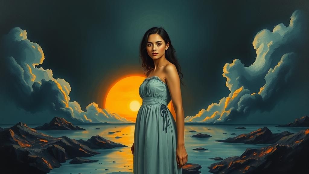 Surreal Woman in Dreamscape: Oil on Canvas