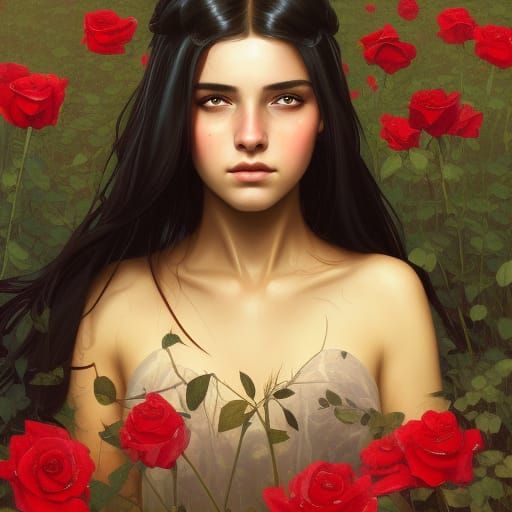 Girl in Golden Rose Field: Hyperrealistic Portrait