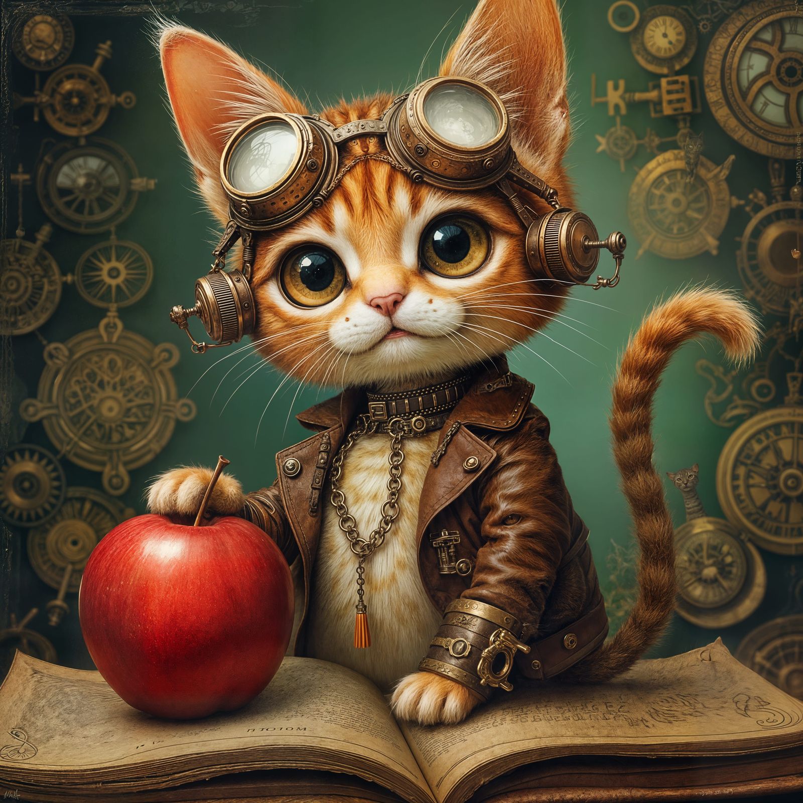 Steampunk Feline Savoring a Golden Apple