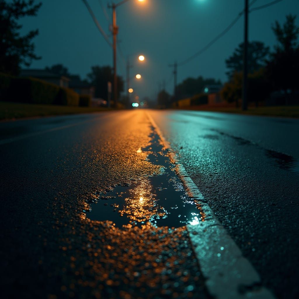 Hyperrealistic Oil Stains on Asphalt Driveway at Night