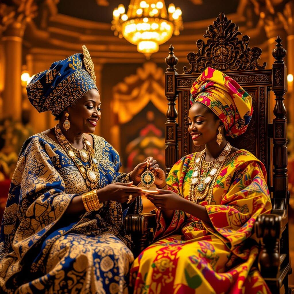 African Queen Presents Pendant in Ornate Throne Room
