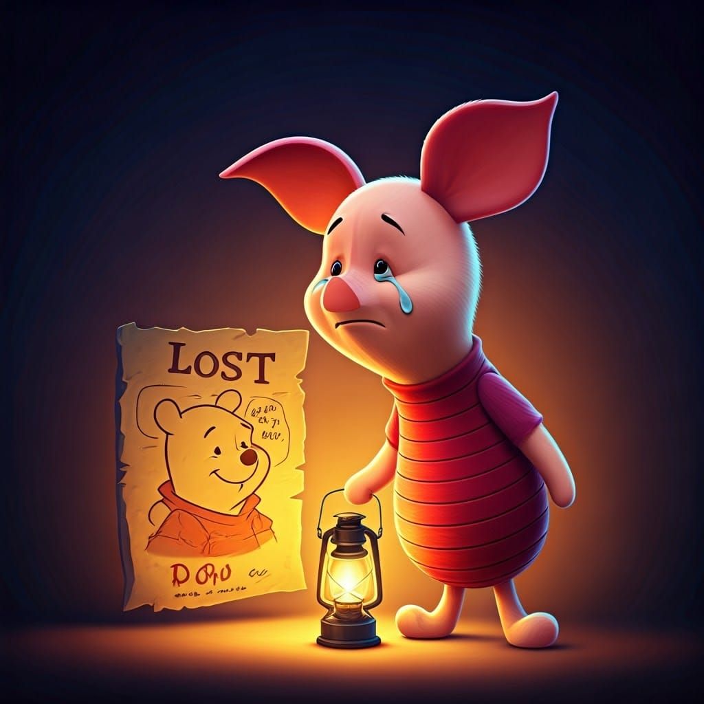 Piglet's Worry: Lost Pooh Flyer in Pixar Style