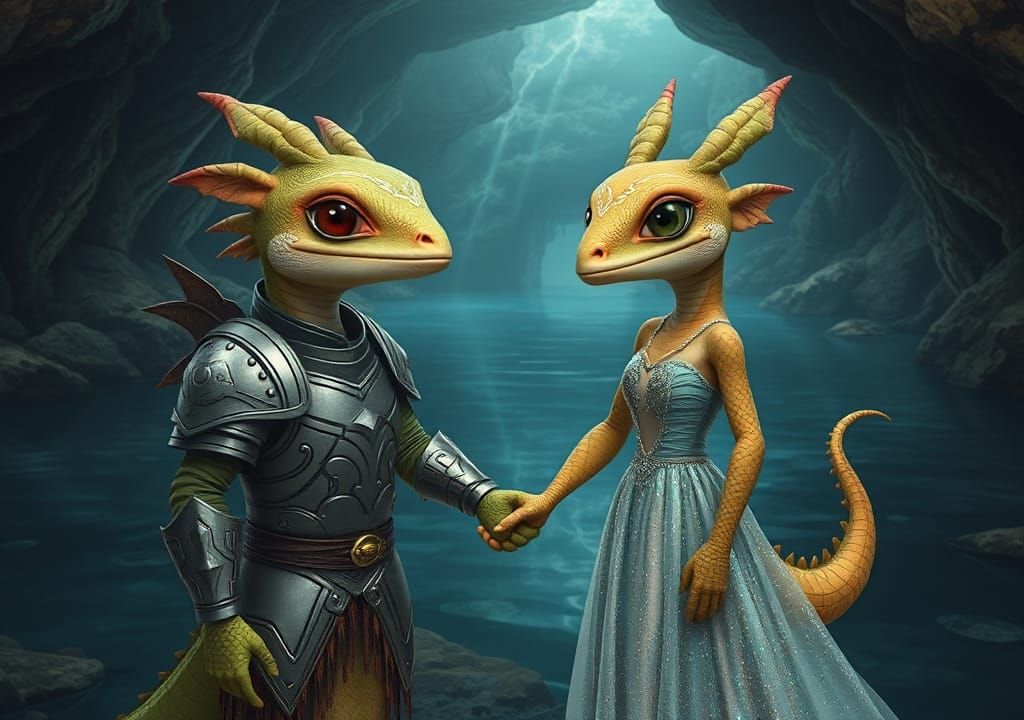 Adorable Dragon-like Humanoids in Love by a Lake