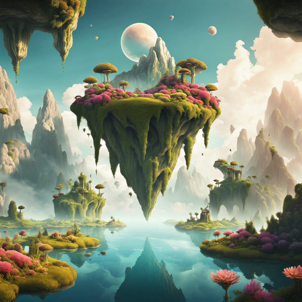 Dreamlike Floating Islands in a Surreal Landscape