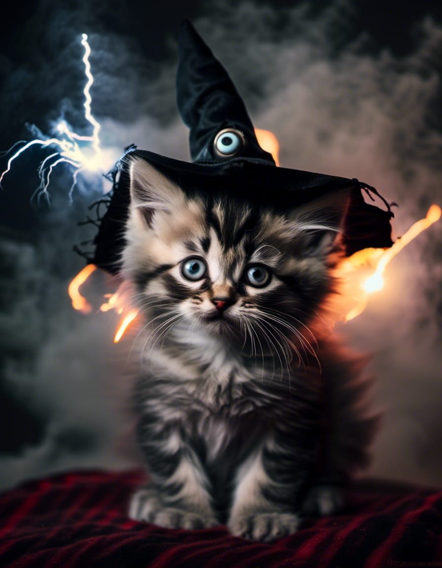 Beholder Kitten Portrait with Lightning in Darkness