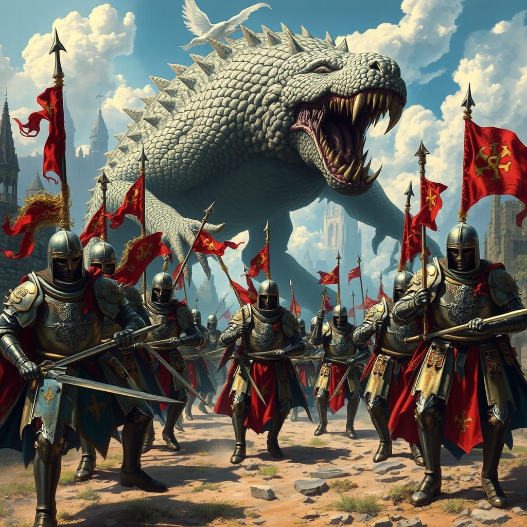 Armored Knights March Towards a Dragon in a Fantastical Land...