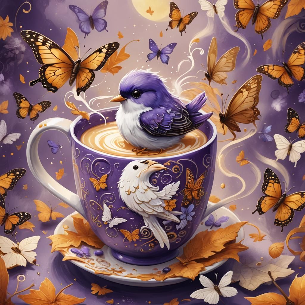 Fluffy Bird Snuggles on Latte Mug: Fantasy Art