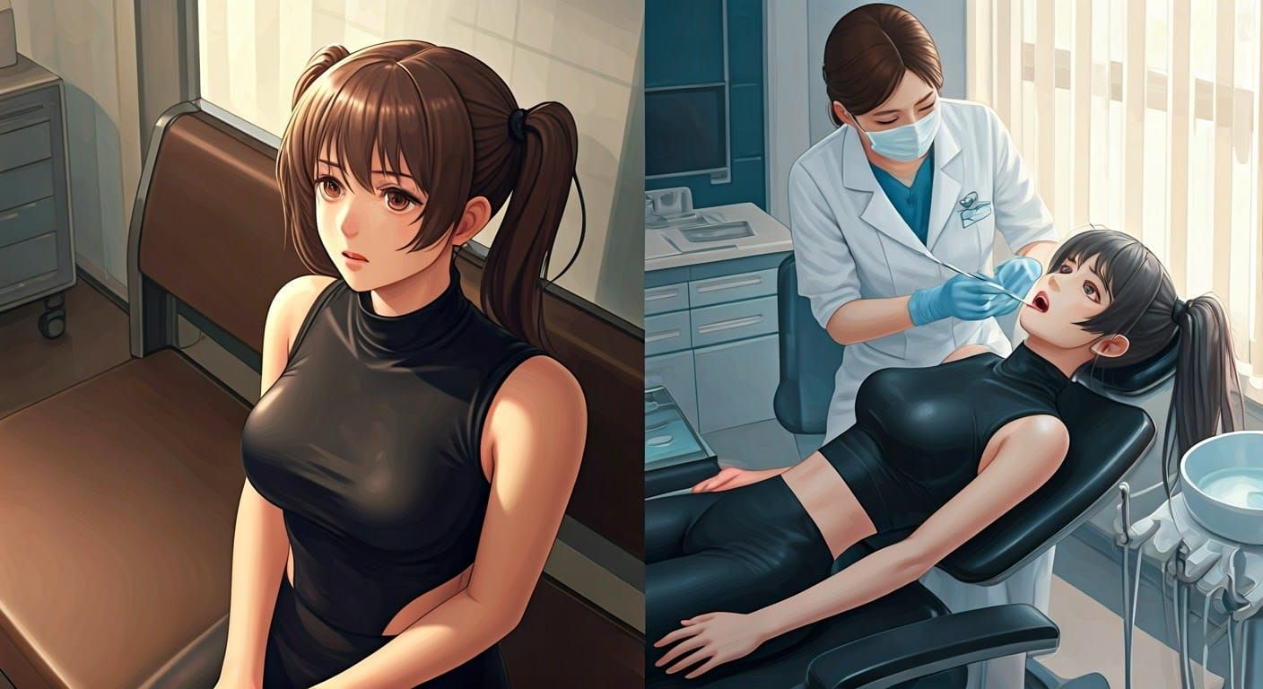 Young Woman's Dental Anxiety in Anime Style