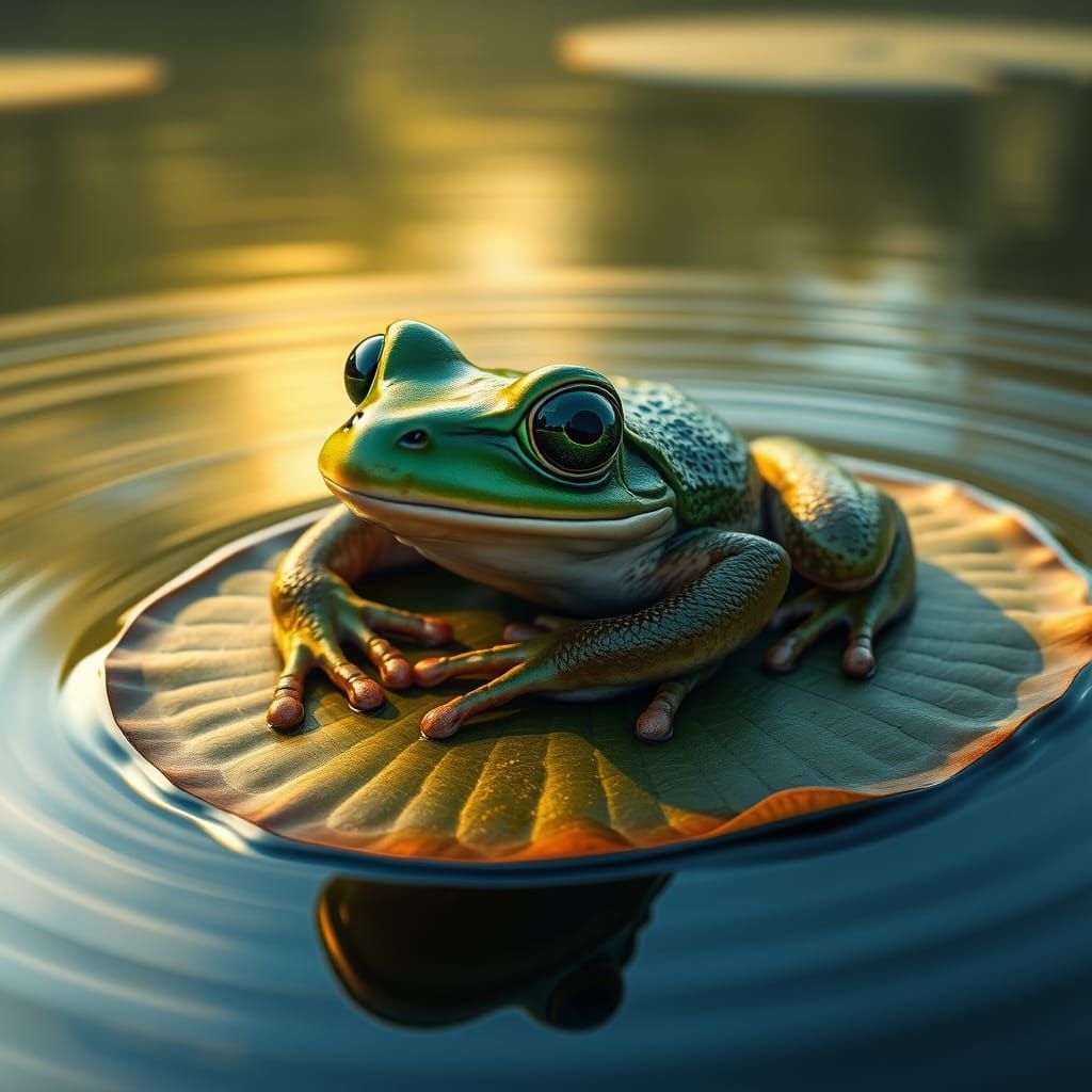 Hyper-Realistic Frog in Serene Lake Scene