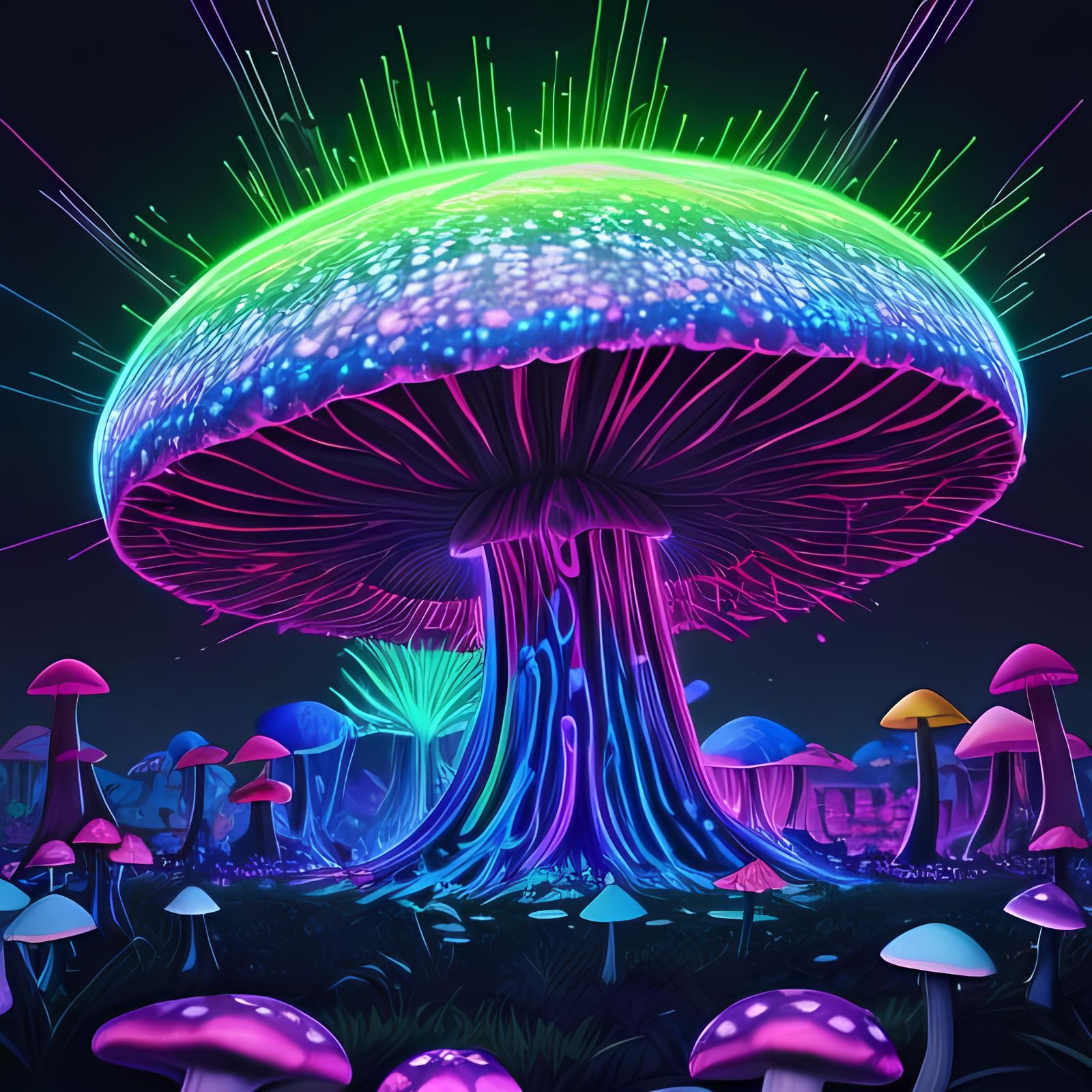 Psychedelic Neon Mushroom Cluster in Anime Style