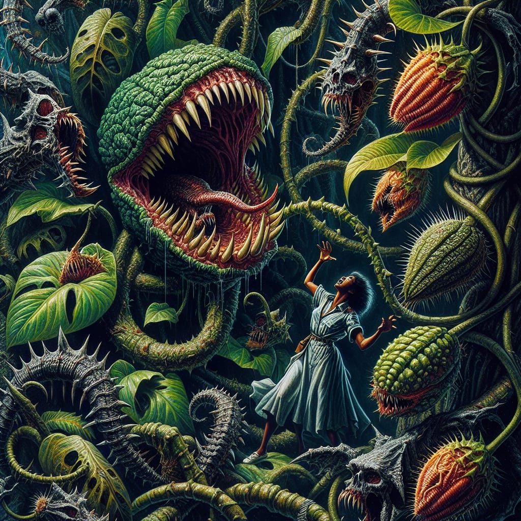 Woman Trapped by Monster Plants: A 1970s Horror Scene