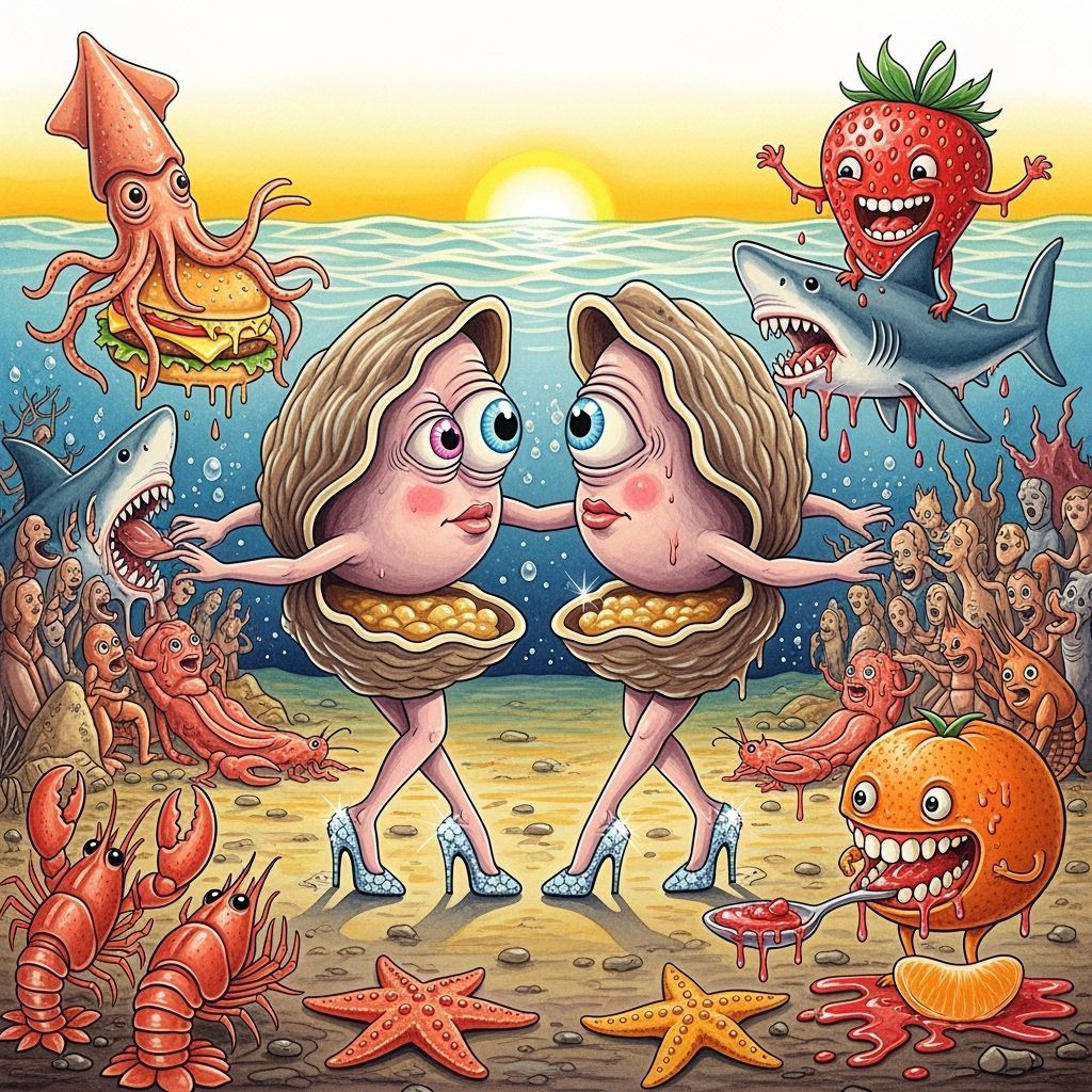 Surreal Watercolor Dancing Clams with Cosmic Audience