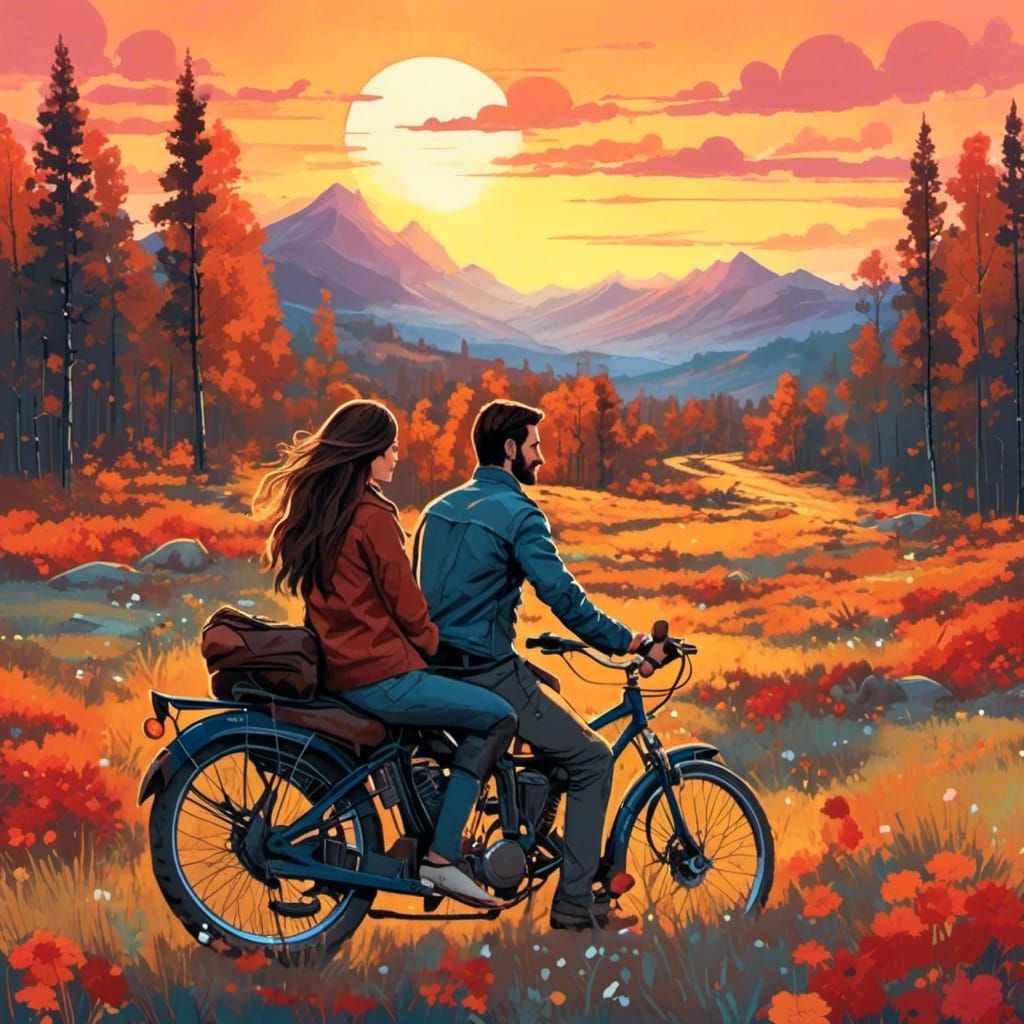 Silhouetted Riders at Sunset in Screen Print Style