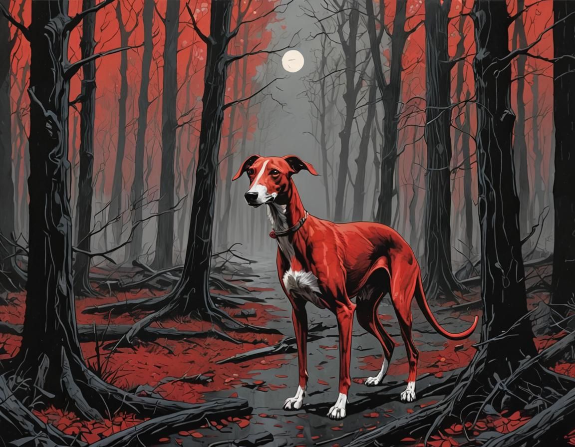 Comic Noir Greyhounds in Red Woods Masterpiece