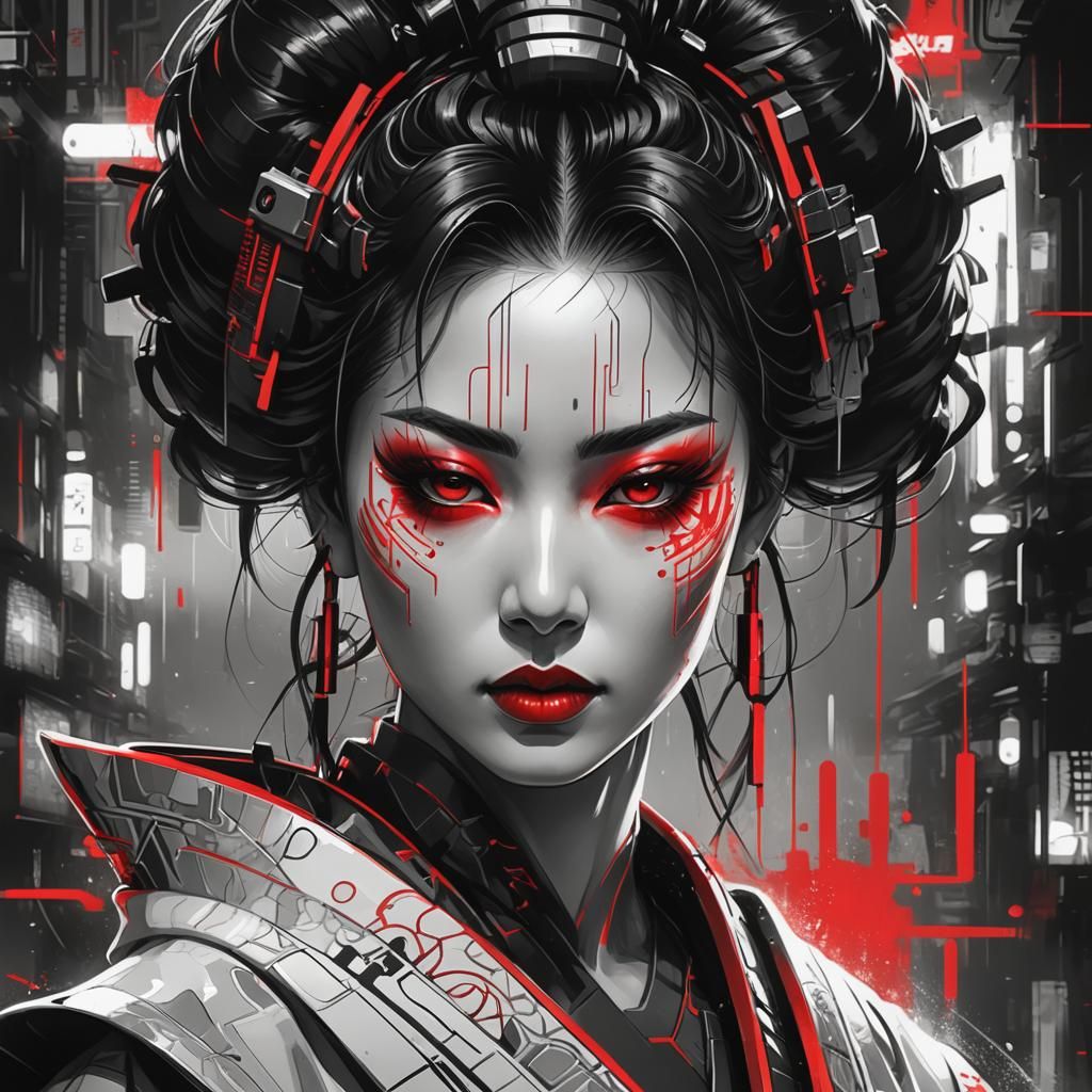 Cyberpunk Geisha Portrait with Neon Mist