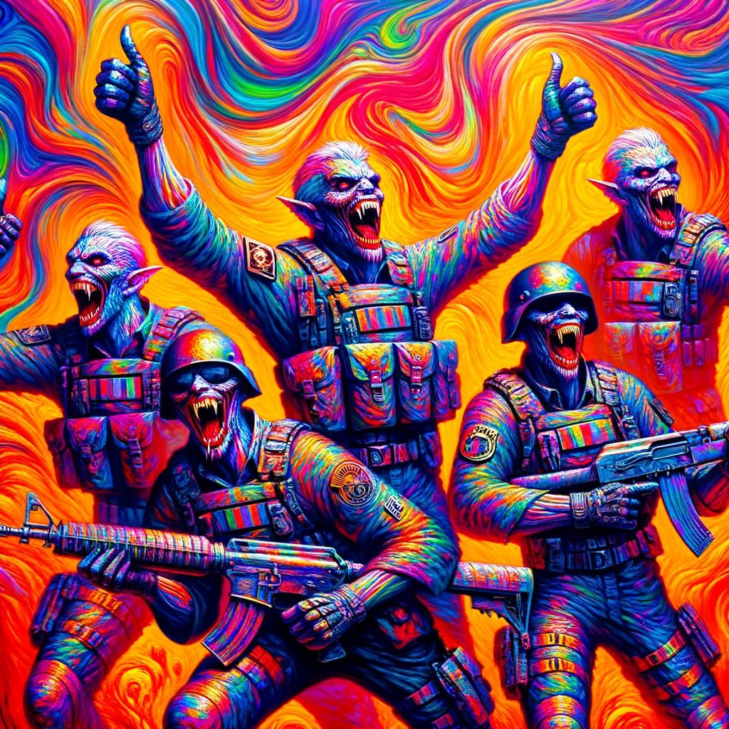 Vampires in Tactical Gear Thumbs-Up, Psychedelic Oil Paintin...