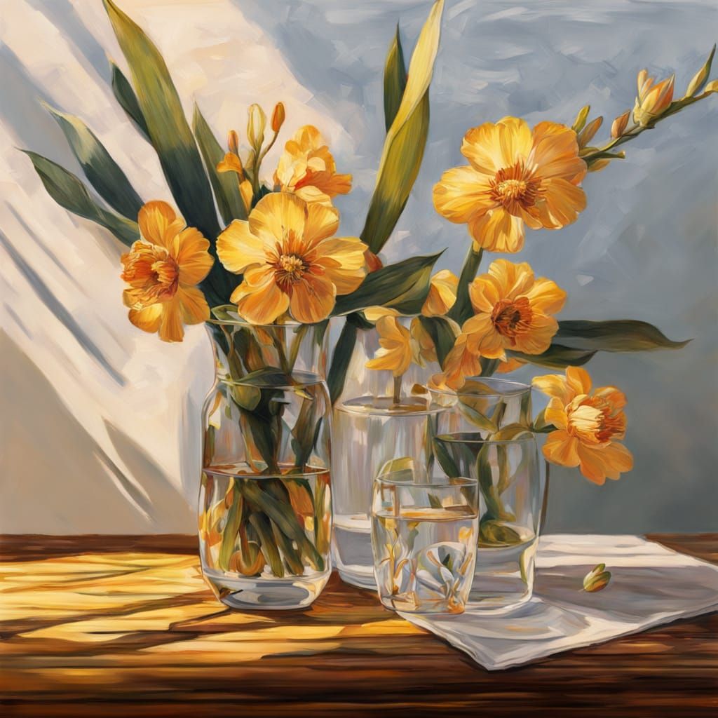 Exotic Flowers in Glass Vase, Van Gogh Style