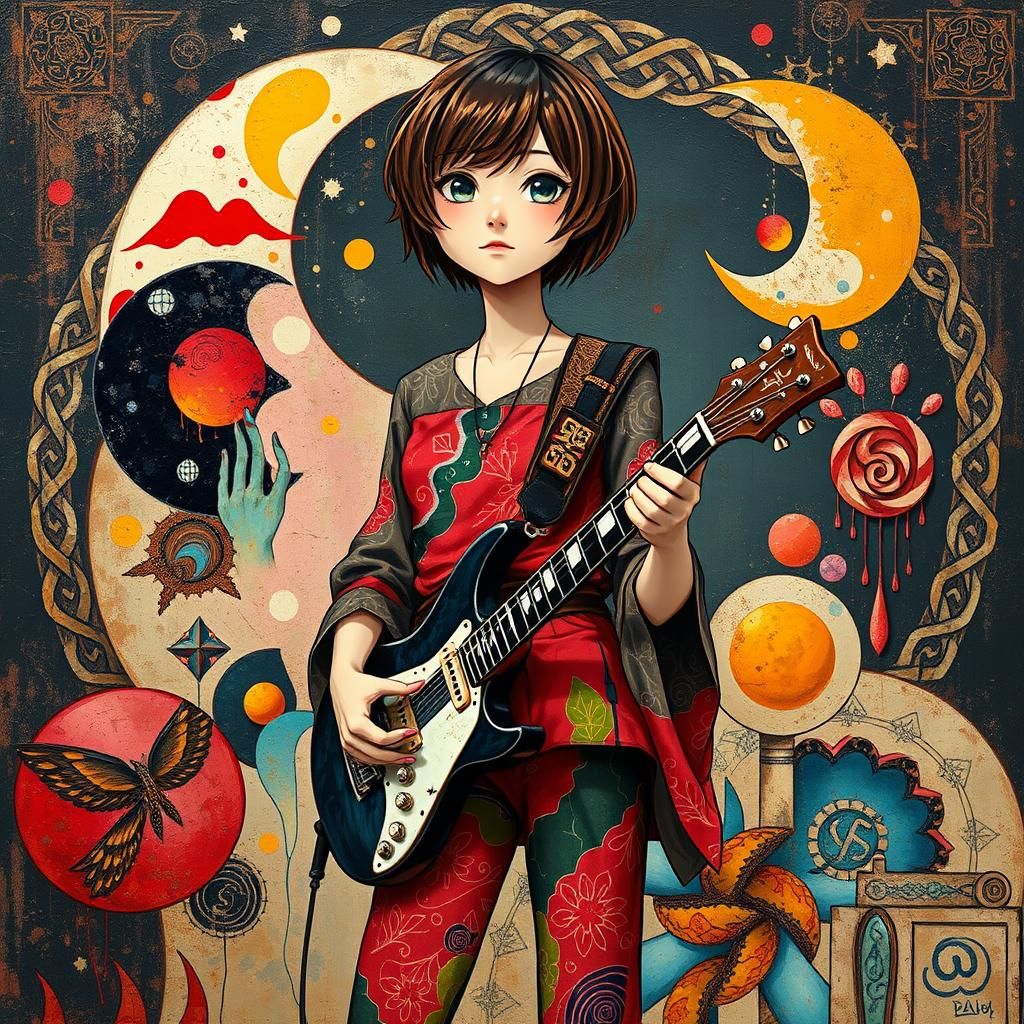 Anime Girl Guitarist in Surreal Impasto Dreamscape
