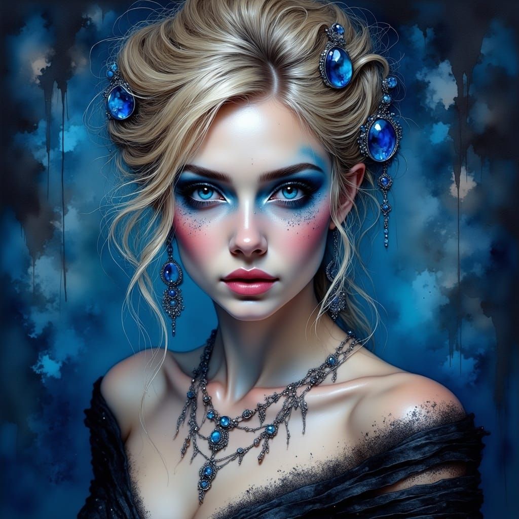 <lora:Ink Poet:1.0> A head and shoulders portrait, 8k resolution, of a stunning blonde woman with sapphire blue eyes and...